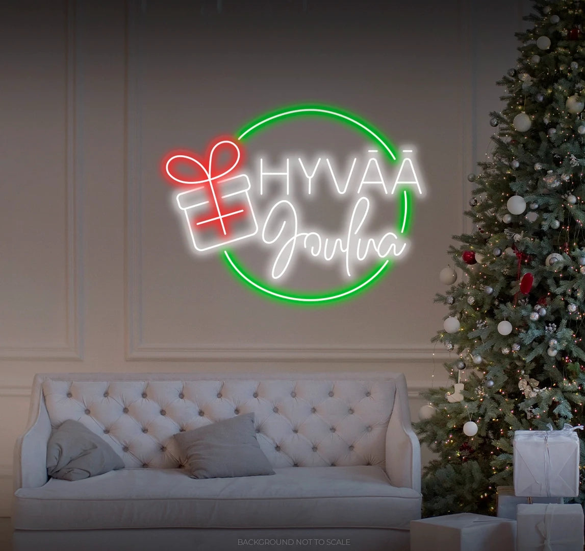 Hyvää joulua gift box circle LED neon