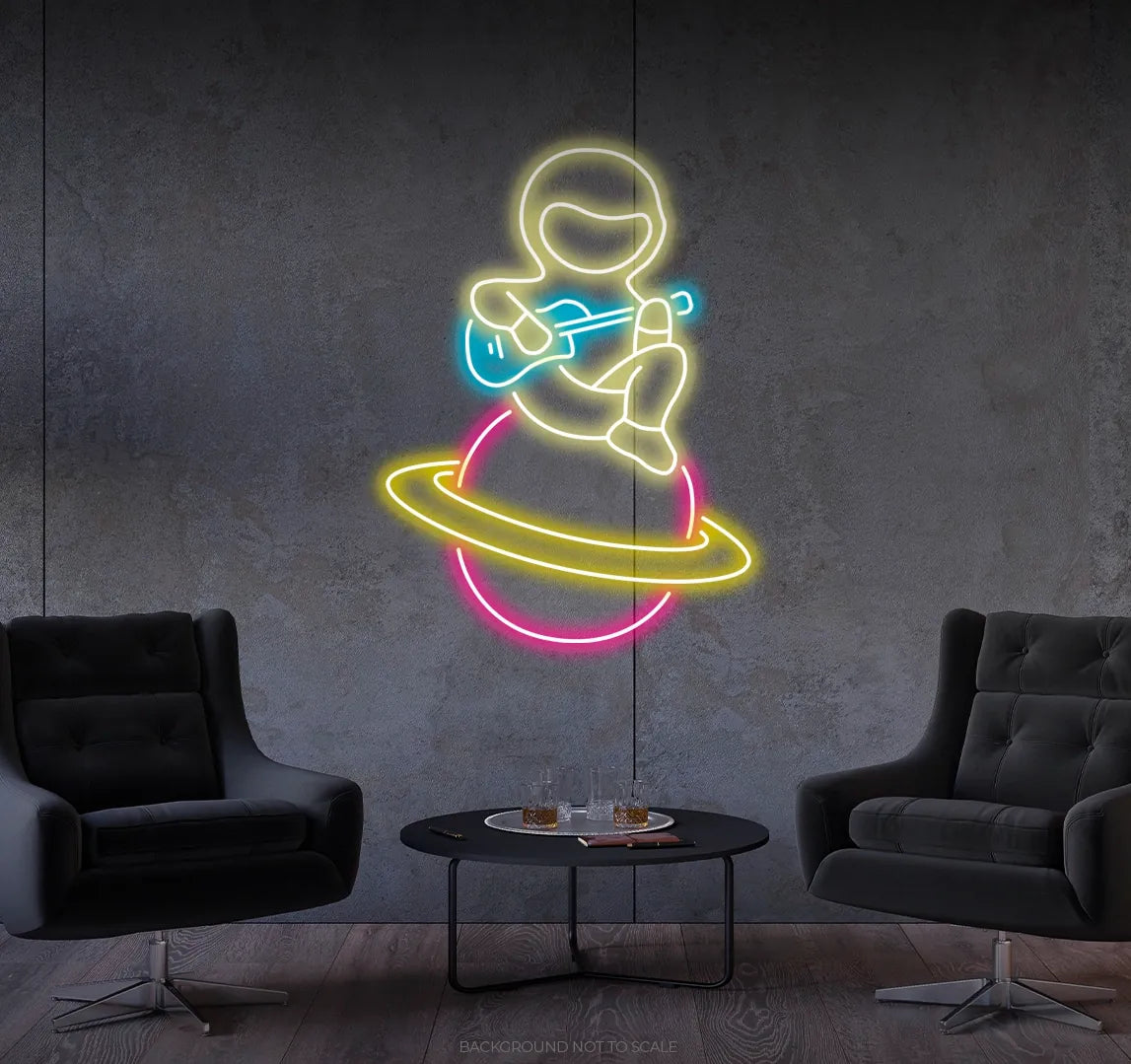 Astronaut playing guitar on the planet ledneon