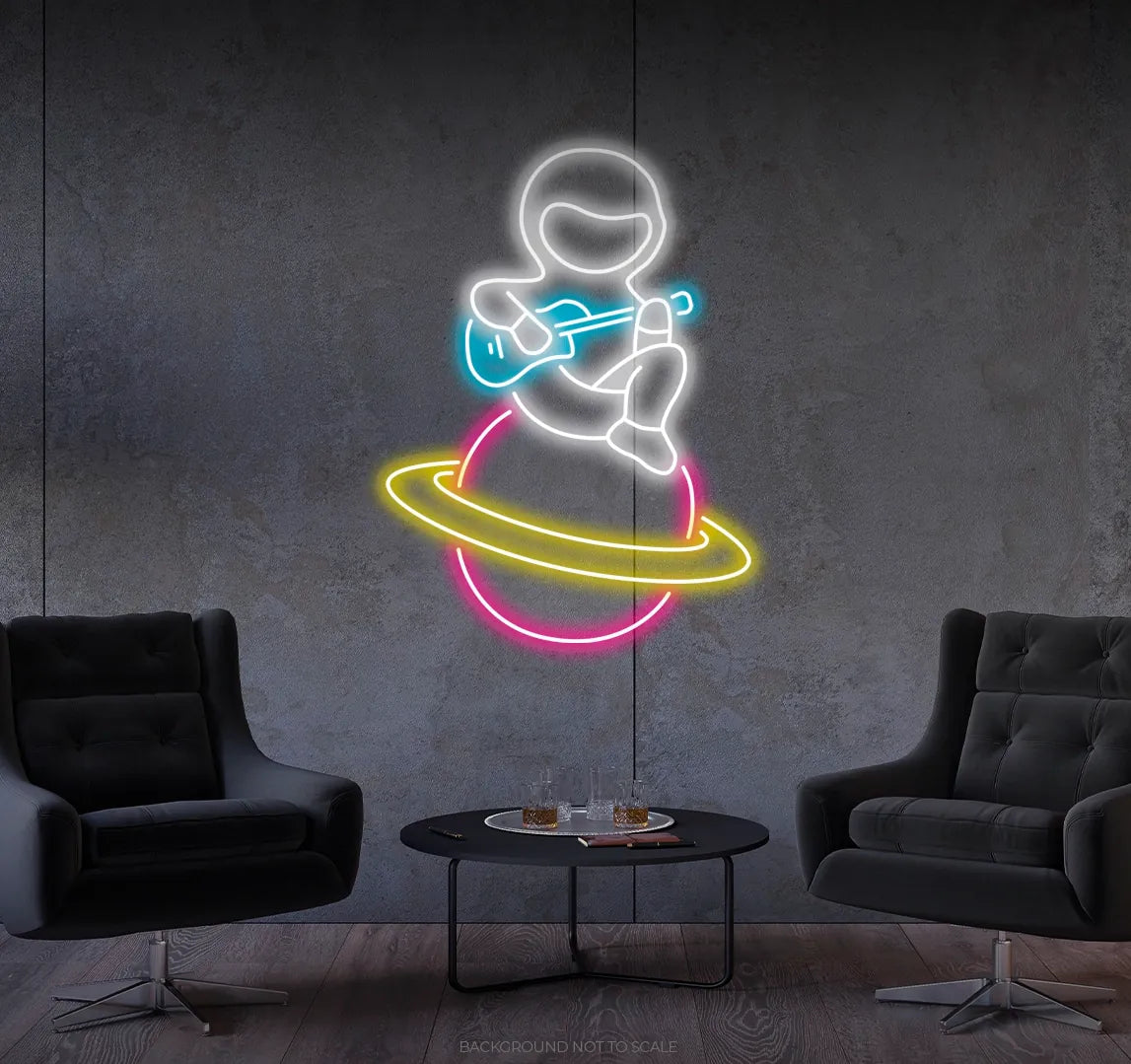 Astronaut playing guitar on the planet ledneon