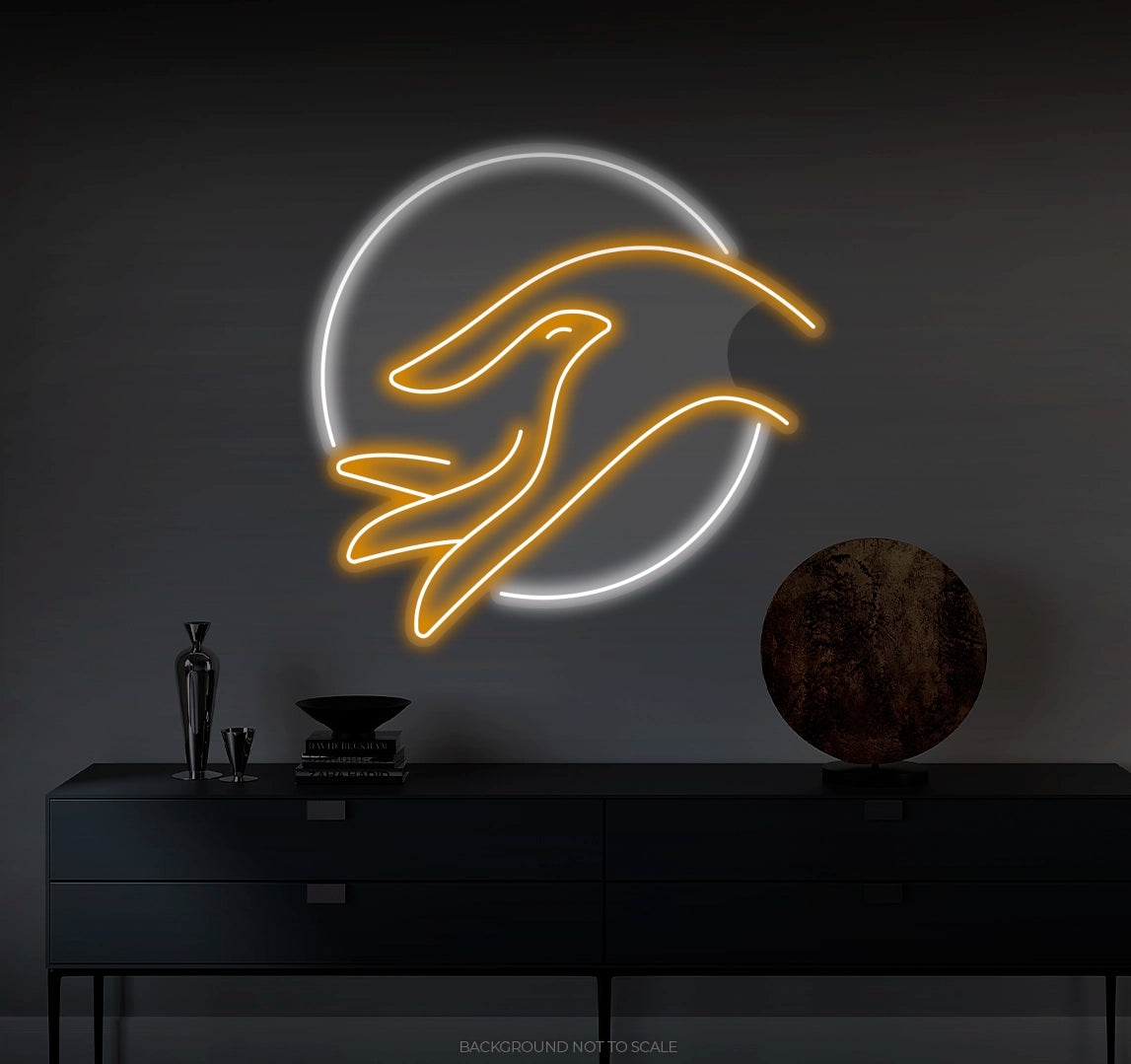 Bird in human hand circle LED neon