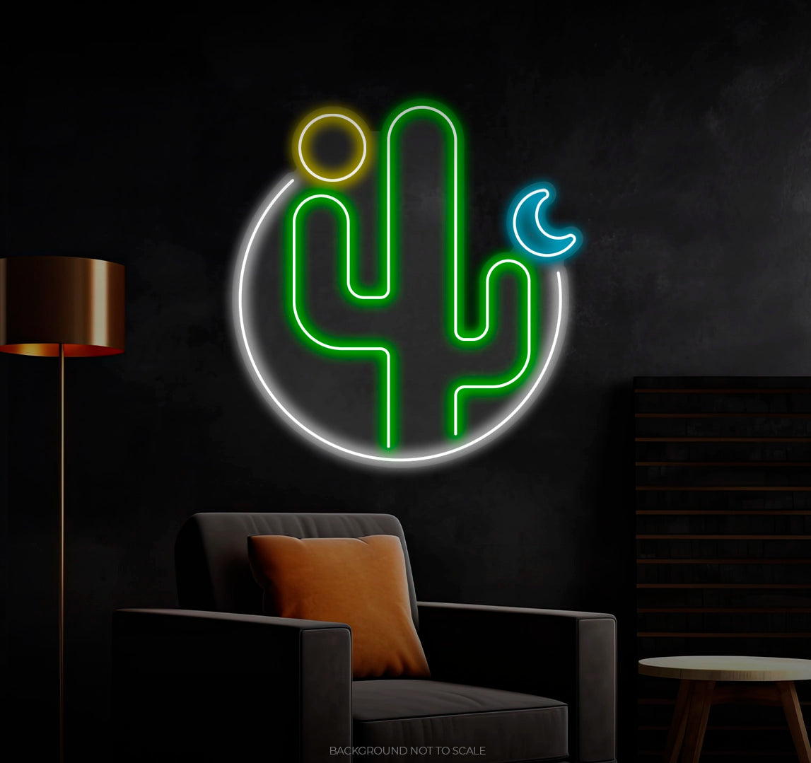 Cactus sun moon in circle LED neon