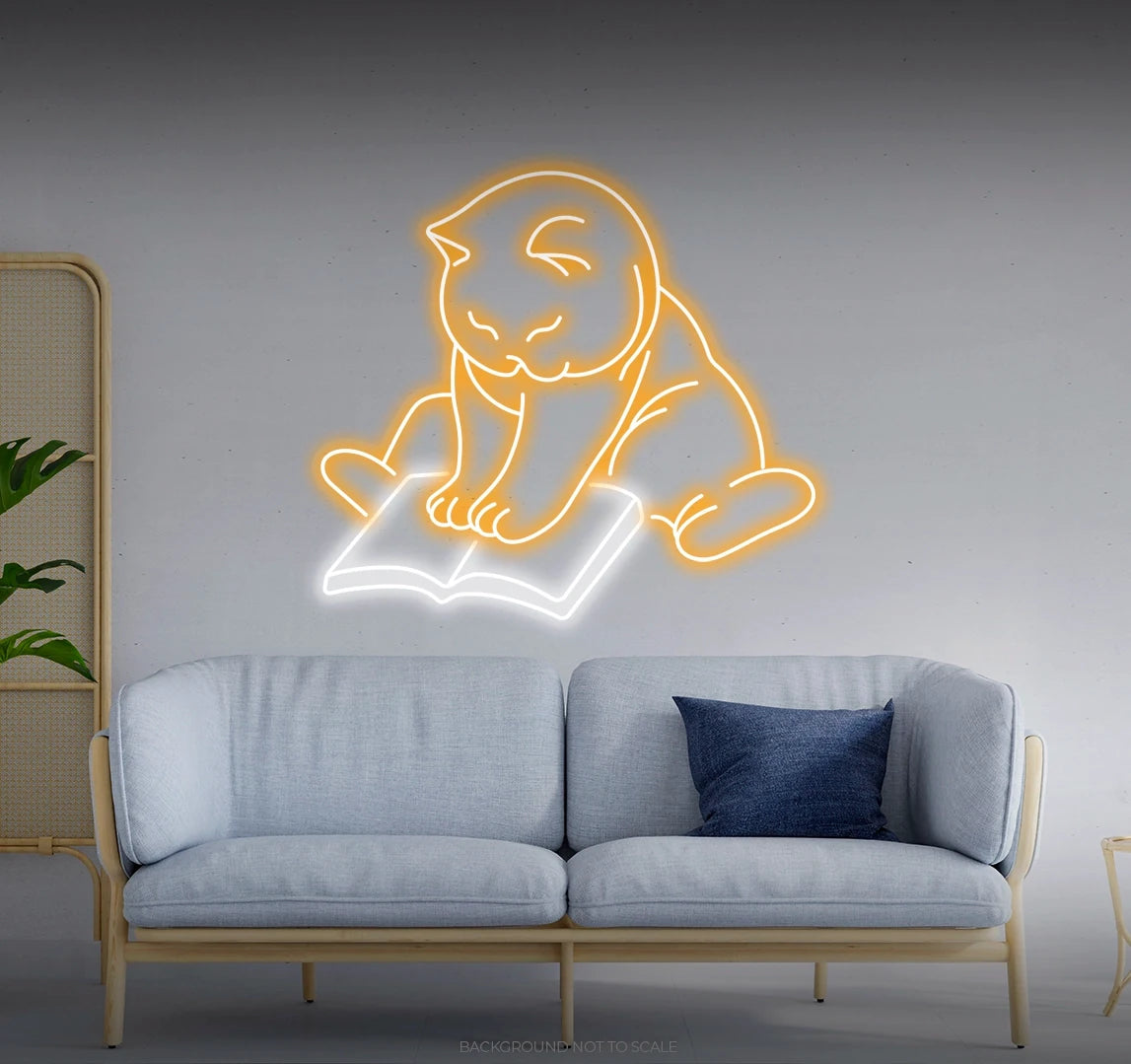 Cat reading book LED neon