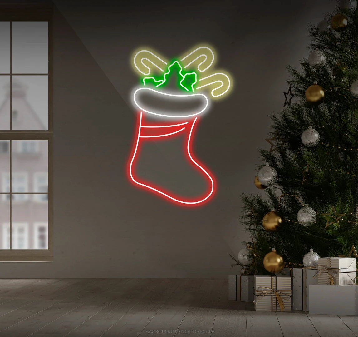 Christmas sock with mistletoe and candies LED neon