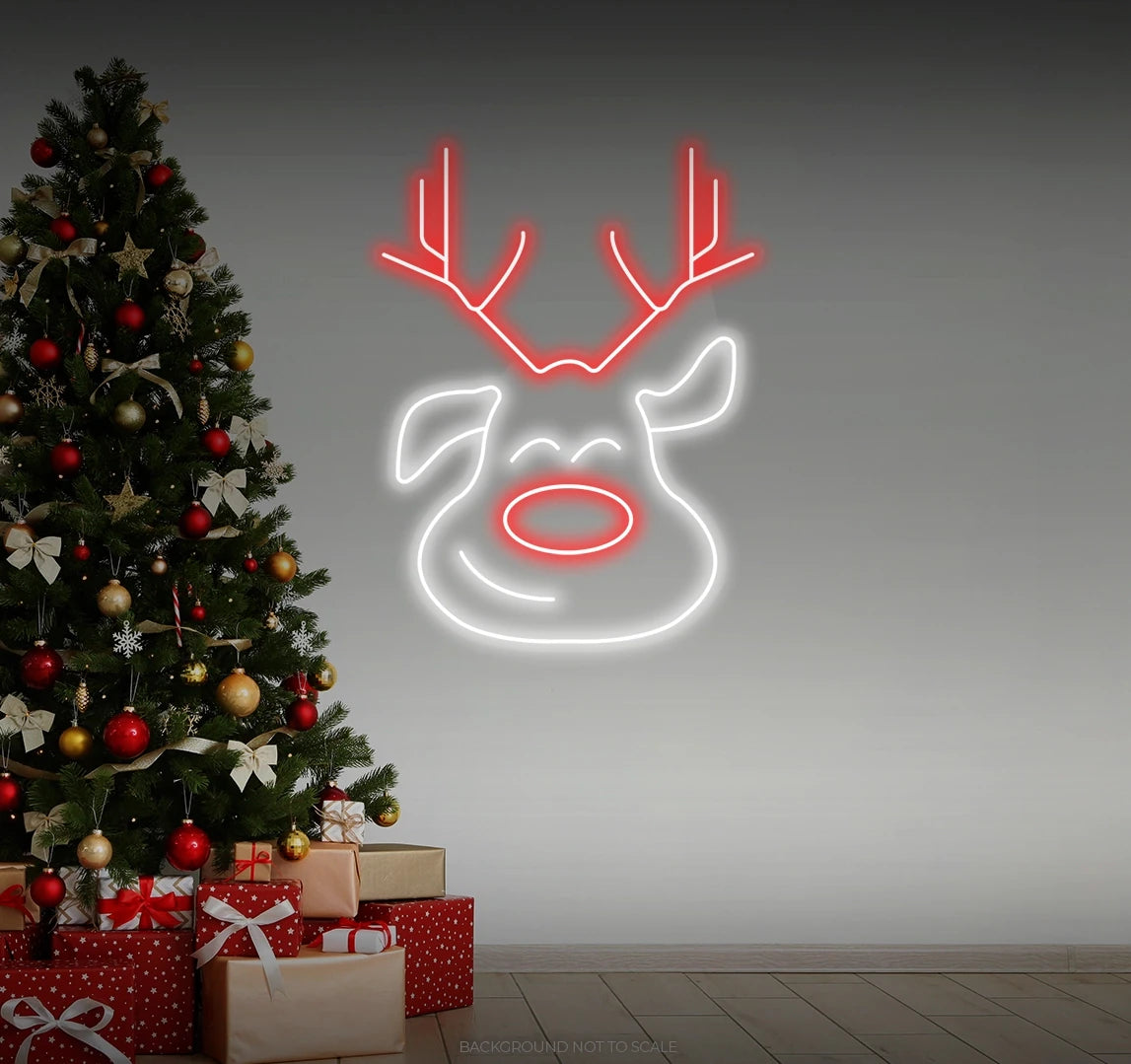 Happy reindeer with colourful nose and horns LED neon