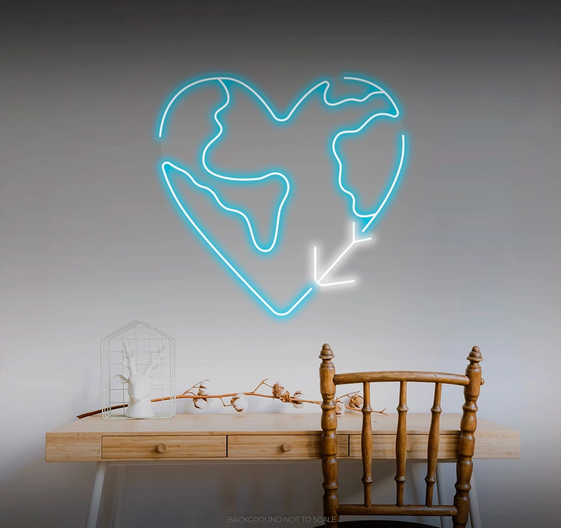 Heart shaped world with plane LED neon