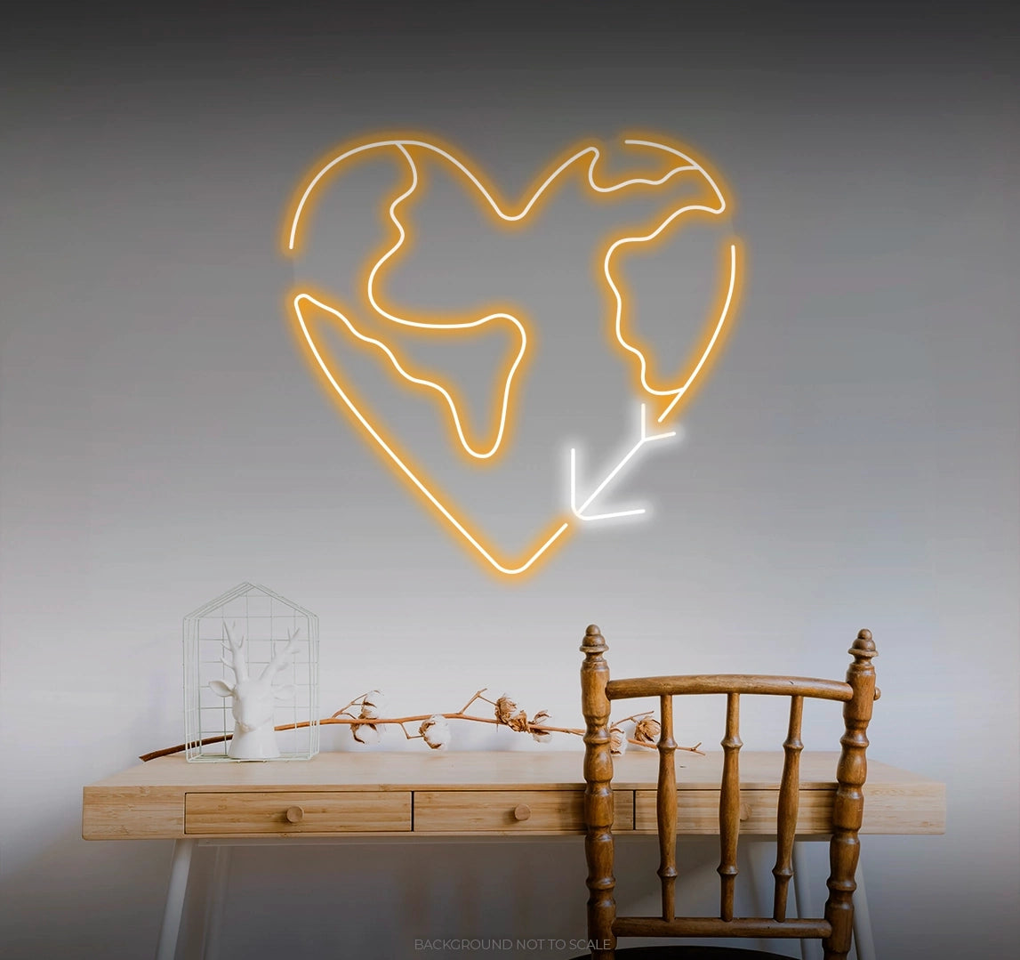 Heart shaped world with plane LED neon