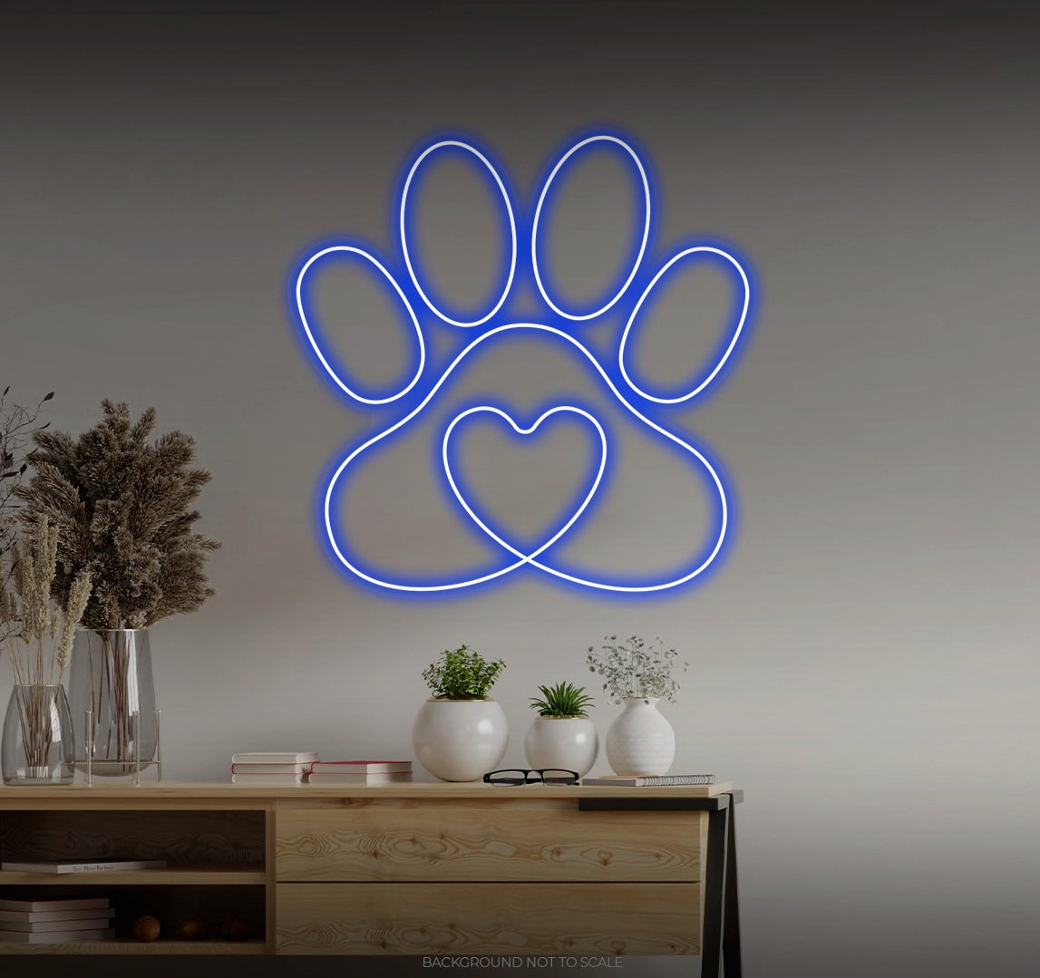 Paw print with heart LED neon