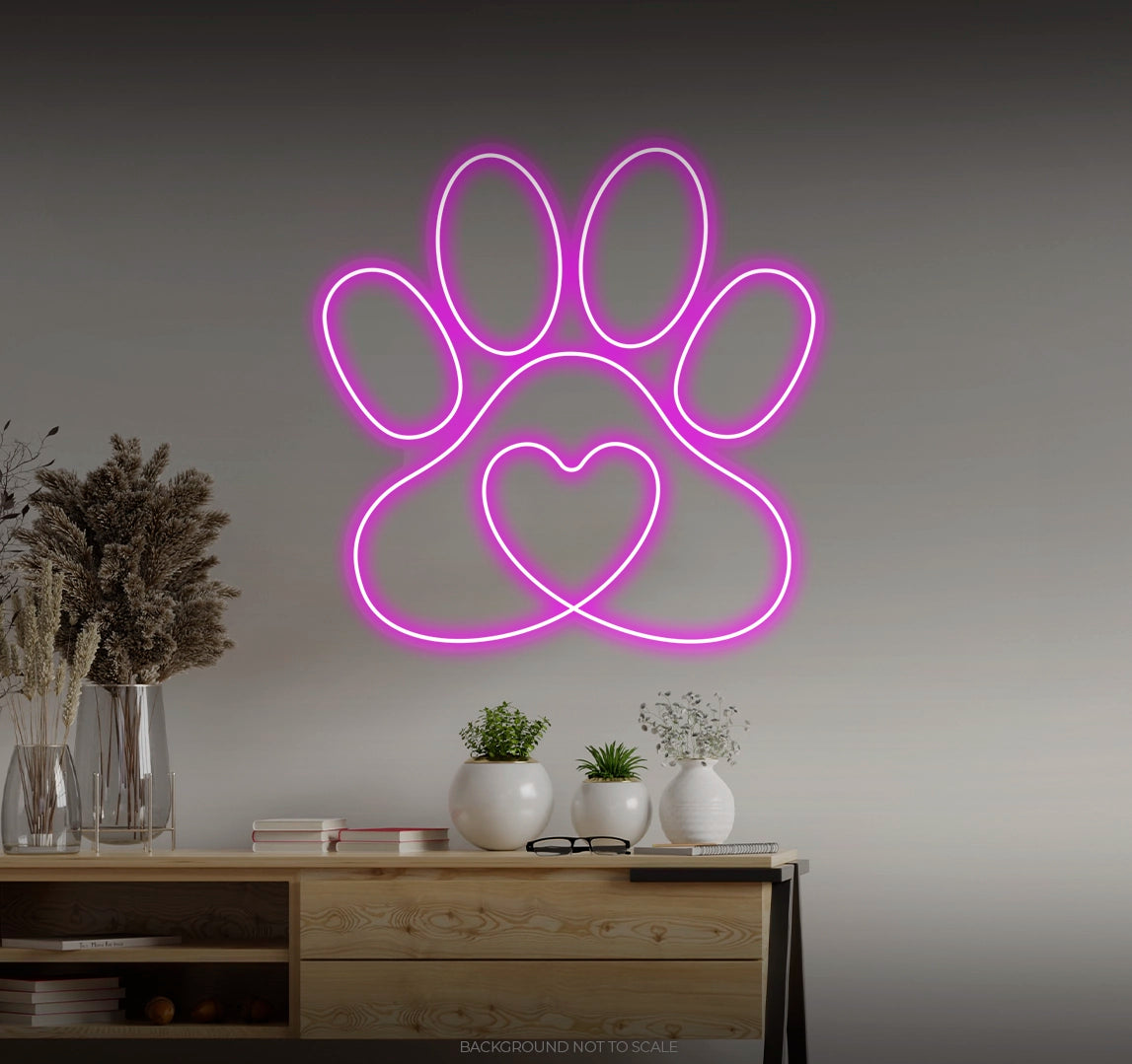 Paw print with heart LED neon