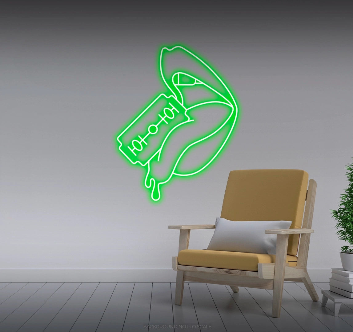 Razor blade cutting woman's tongue Ledneon