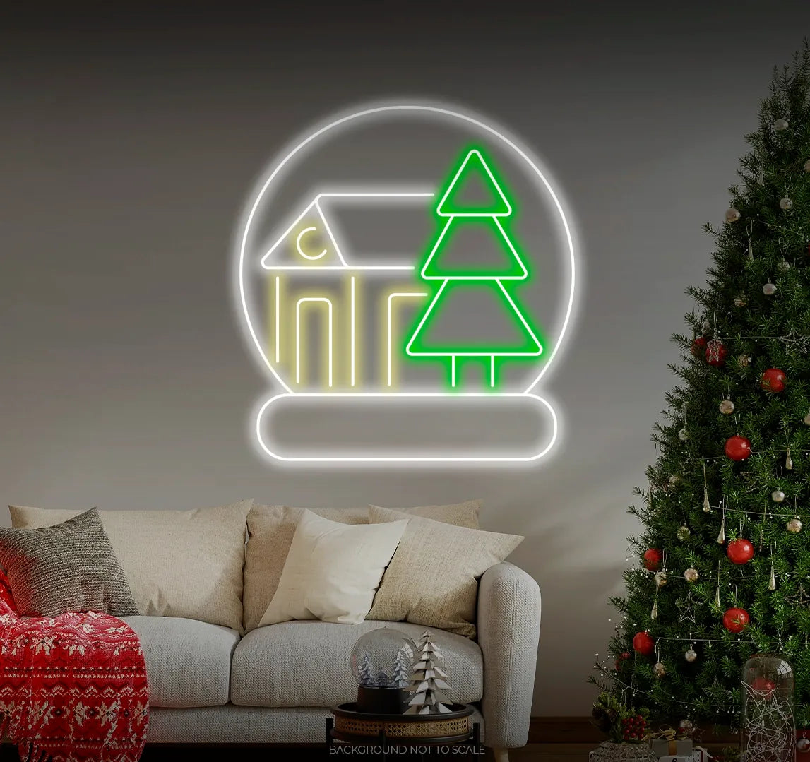 Snow globe with tree and house LED neon