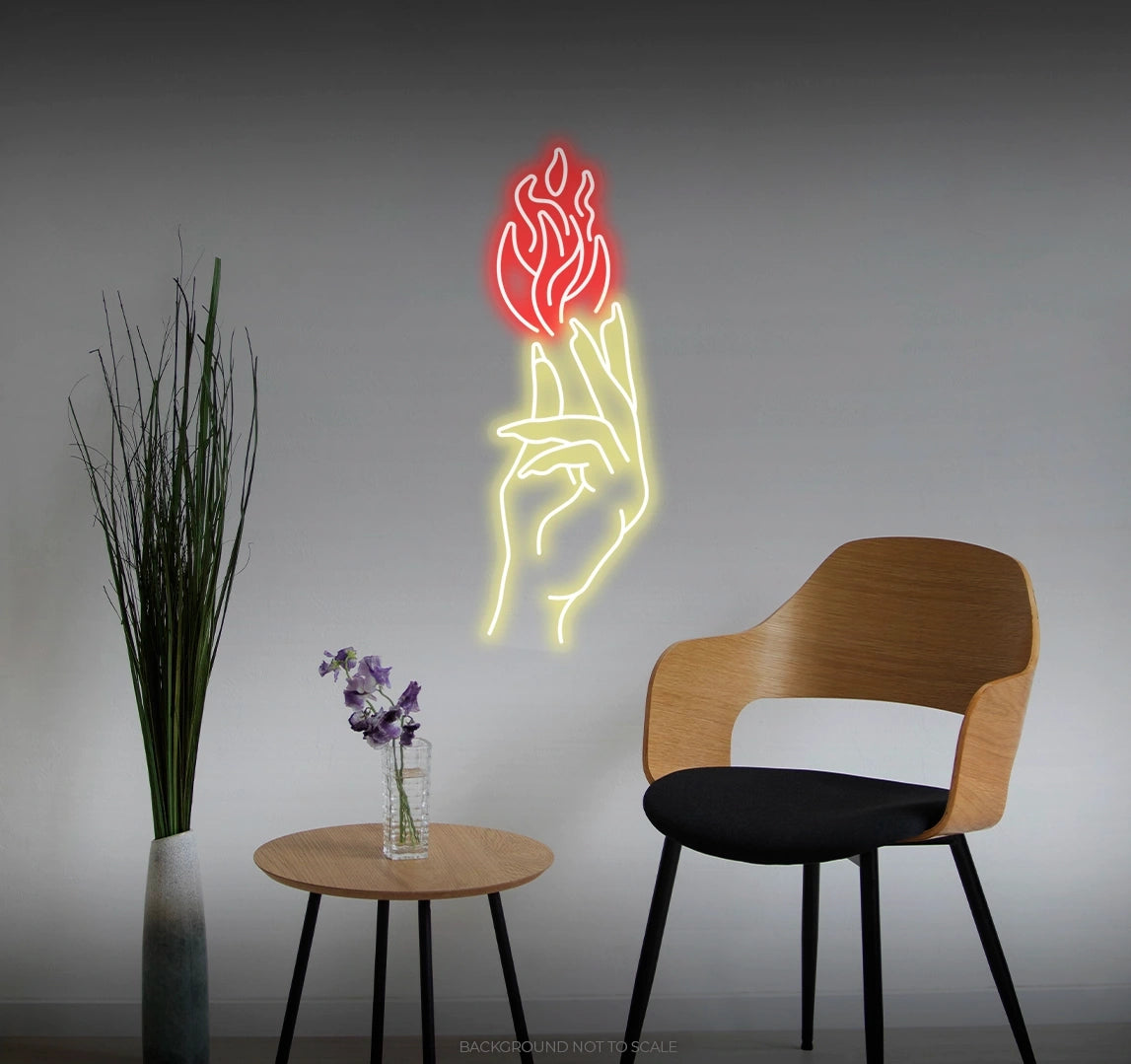 Woman hand and fire LED neon