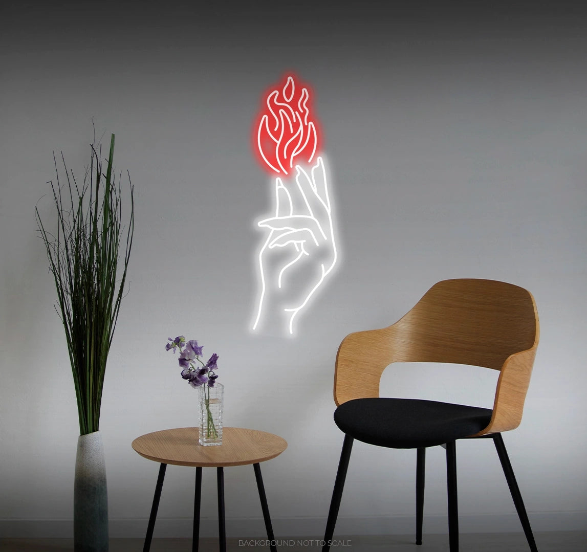 Woman hand and fire LED neon