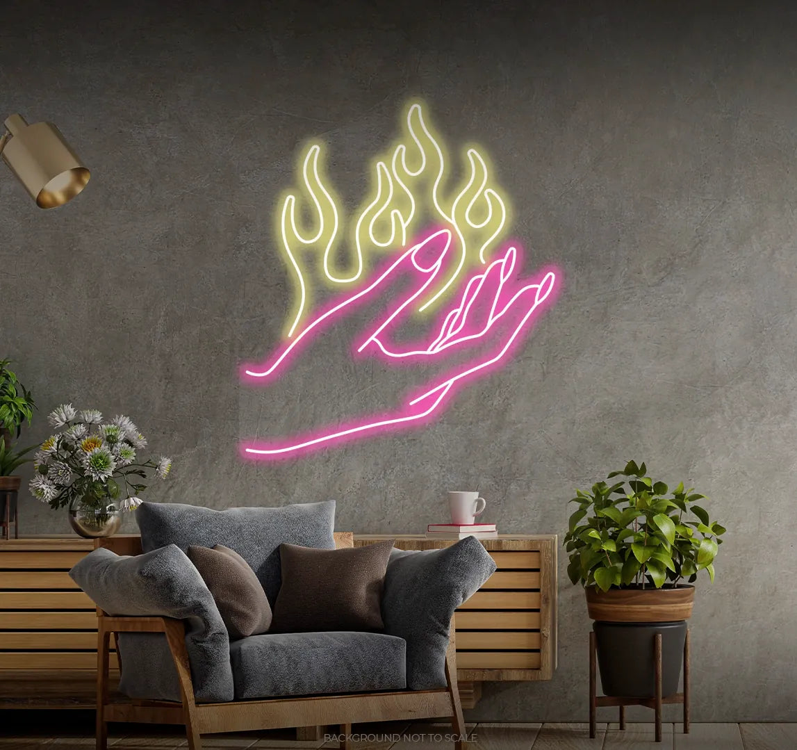 Woman hand with flames LED neon