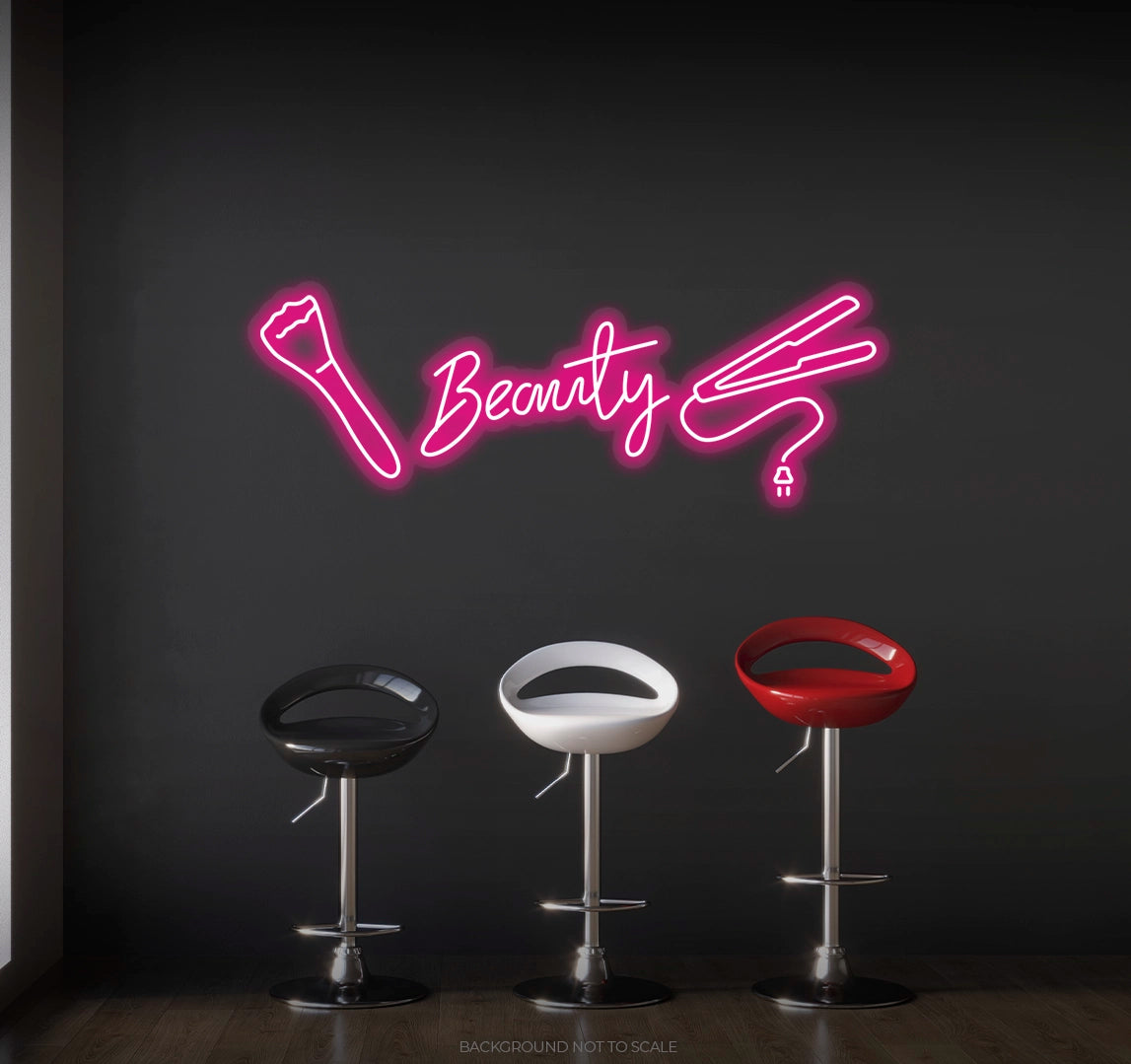 Beauty with makeup brush and hair straightener ledneon