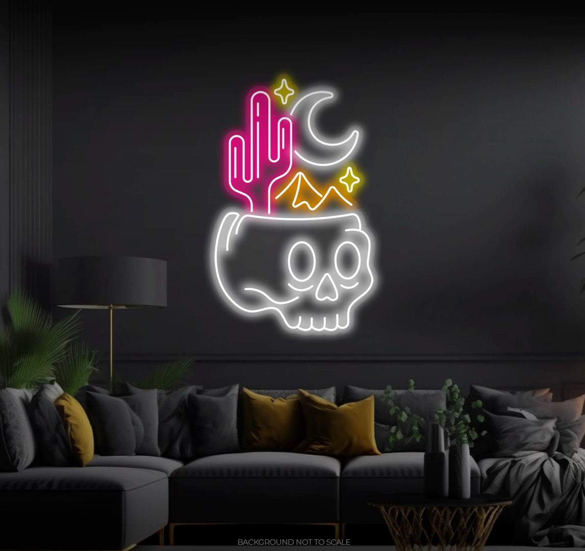 Skull, cactus, mountain scene ledneon